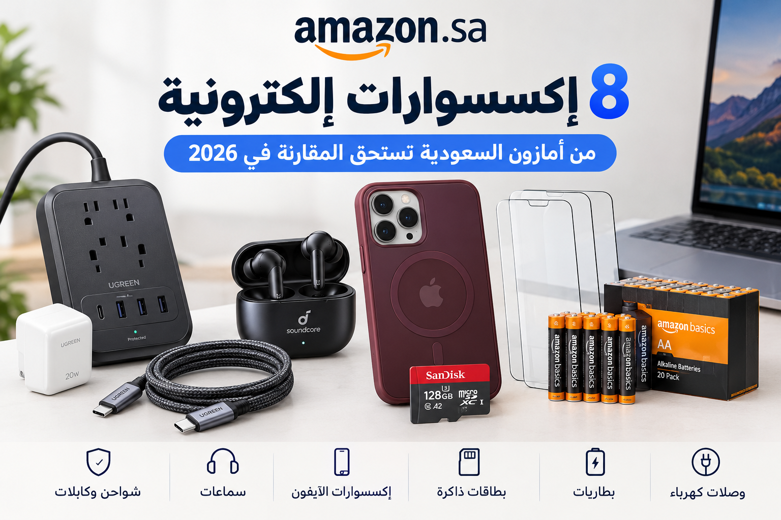 إكسسوارات إلكترونية تشمل شواحن USB-C وسماعات لاسلكية وملحقات آيفون وبطاريات.